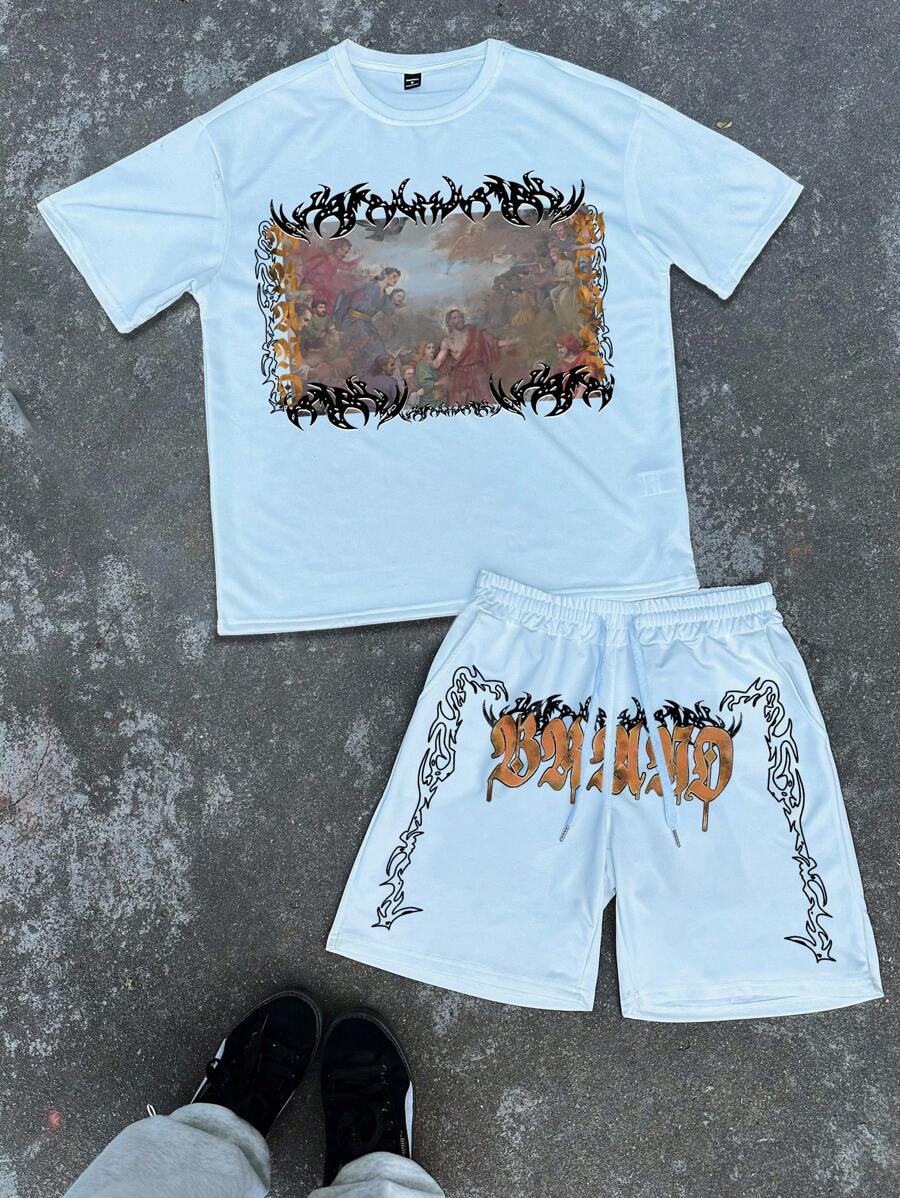 Manfinity EMRG Men's Casual Graphic Letter Print Short Sleeve T-Shirt And Shorts 2 Pieces Set