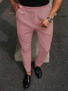 Manfinity Mode Men Plain Pocket Button Casual Straight Leg Pants - Pink - View 8