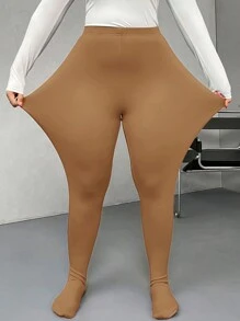 SHEIN Privé Plus Size High Waist Slimming Black Shaping Pantyhose, Leg-Smoothing Tights - Khaki - View 5