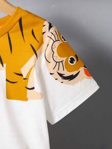 SHEIN 2 sztuki/zestaw dla chłopców, casualowy, uroczy nadruk tygrysa, okrągły dekolt, krótki rękaw, T-shirt i spodenki, nadaje się do codziennego noszenia, styl college'owy, wiosna/lato - Żółty - Zobacz 7