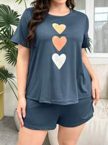 Plus Size 2pcs Heart Print Simple Top And Shorts Pajama Set