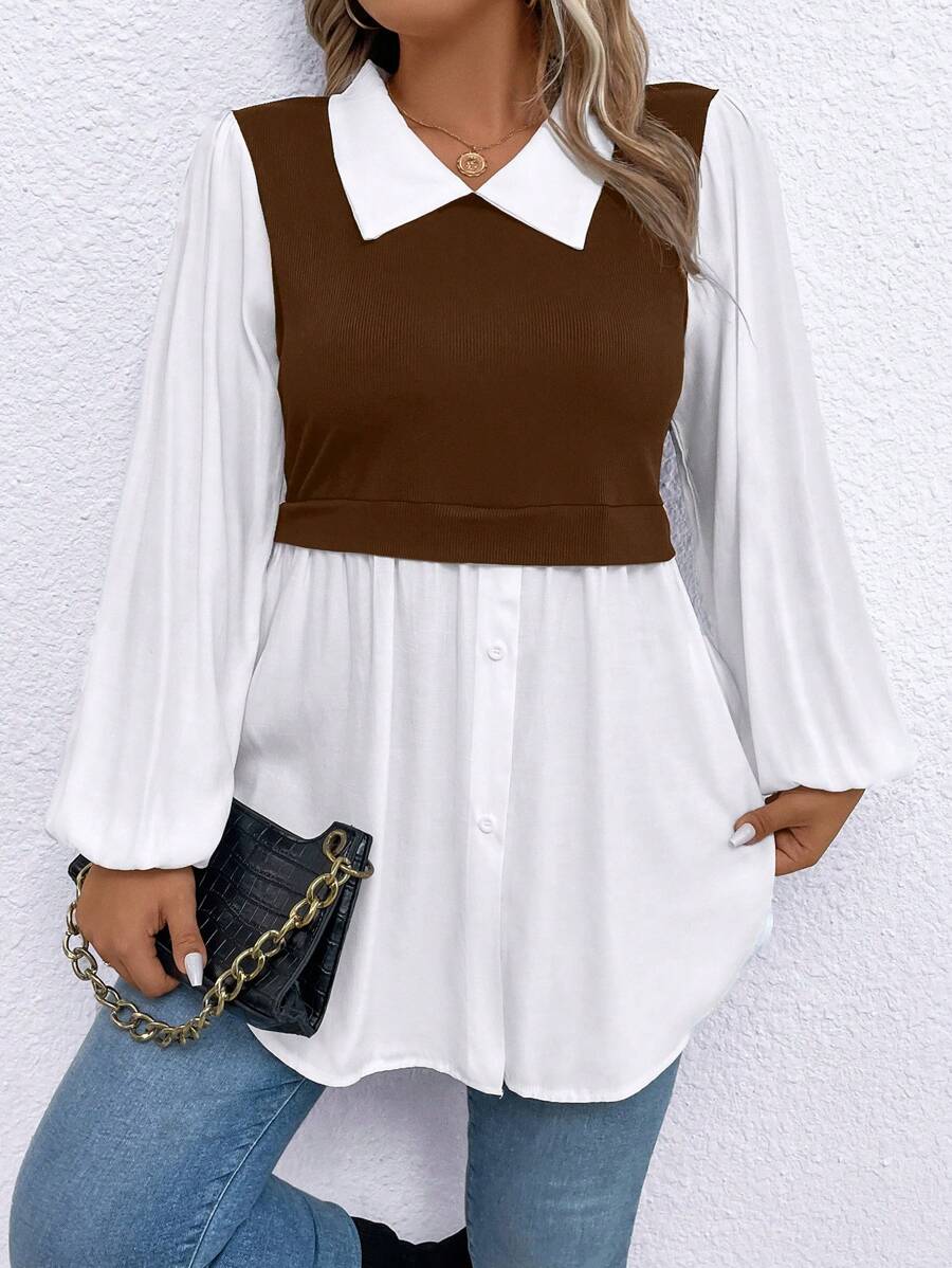 Calvaya Plus Size Women Casual Colorblock Patchwork Lantern Sleeve Sweater Top - Coffee Brown - View 1