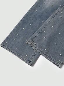 SHEIN Tienermeisjes Witte kralen Vintage Blauwe Losse Rechte Jeans