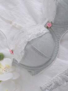 Elorette 对比色蕾丝钢圈文胸和内裤内衣套装，可爱 - 淺灰色 - 查看 5