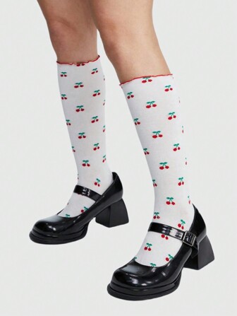 Kawaii 1 Pair Women's White Tiny Cherry Print & Ruffle Trim Over-The-Knee Socks, All Season