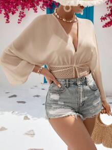 SHEIN VCAY 女士纯色拼接长袖简约上衣，休闲日常穿着 - 卡其色 - 查看 3
