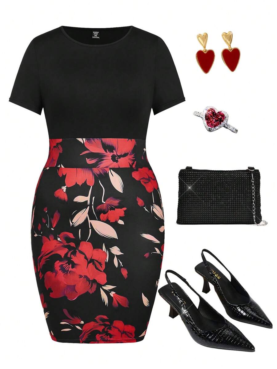 SHEIN Clasi Kích thước lớn Của phụ nữ In hoa Váy bodycon - màu đen - Xem 1