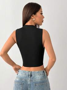 SHEIN PETITE Black Mock Neck Ruched Tank Top Simple Fashionable Daily Casual