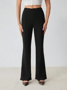 SHEIN Tall 女士纯色前扣喇叭休闲裤，适合日常穿着 - 黑色 - 查看 3