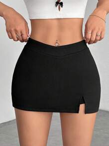 SHEIN PETITE 休闲纯色低腰开衩迷你裙 - 黑色 - 查看 4