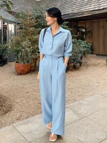 DAZY Bộ 2 món gồm áo sơ mi và quần dài chất lượng cao dành cho nữ, kiểu dáng thời trang, bộ đồ mặc nhà mùa thu cho nữ. - Màu xanh lam - Xem 7