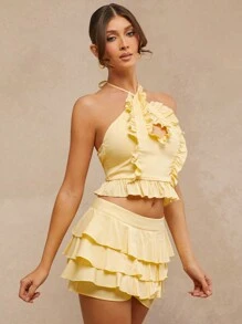 SHEIN Unity Women Clothes, Romantic Elegant Butter Yellow Solid Low Waist Tiered Ruffle Shorts, Women Shorts, Summer Shorts, Mini Skirt. For Date Night, Concerts, Performances, Parties, Clubs