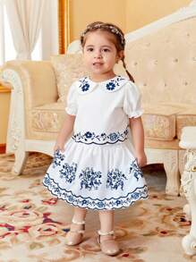 SHEIN Baby Girl Chiffon Puff Sleeve Floral Print Top With Ruched Waist Floral Print Skirt, Cute Outfit For Outings, Gatherings And Vacation - White - View 1