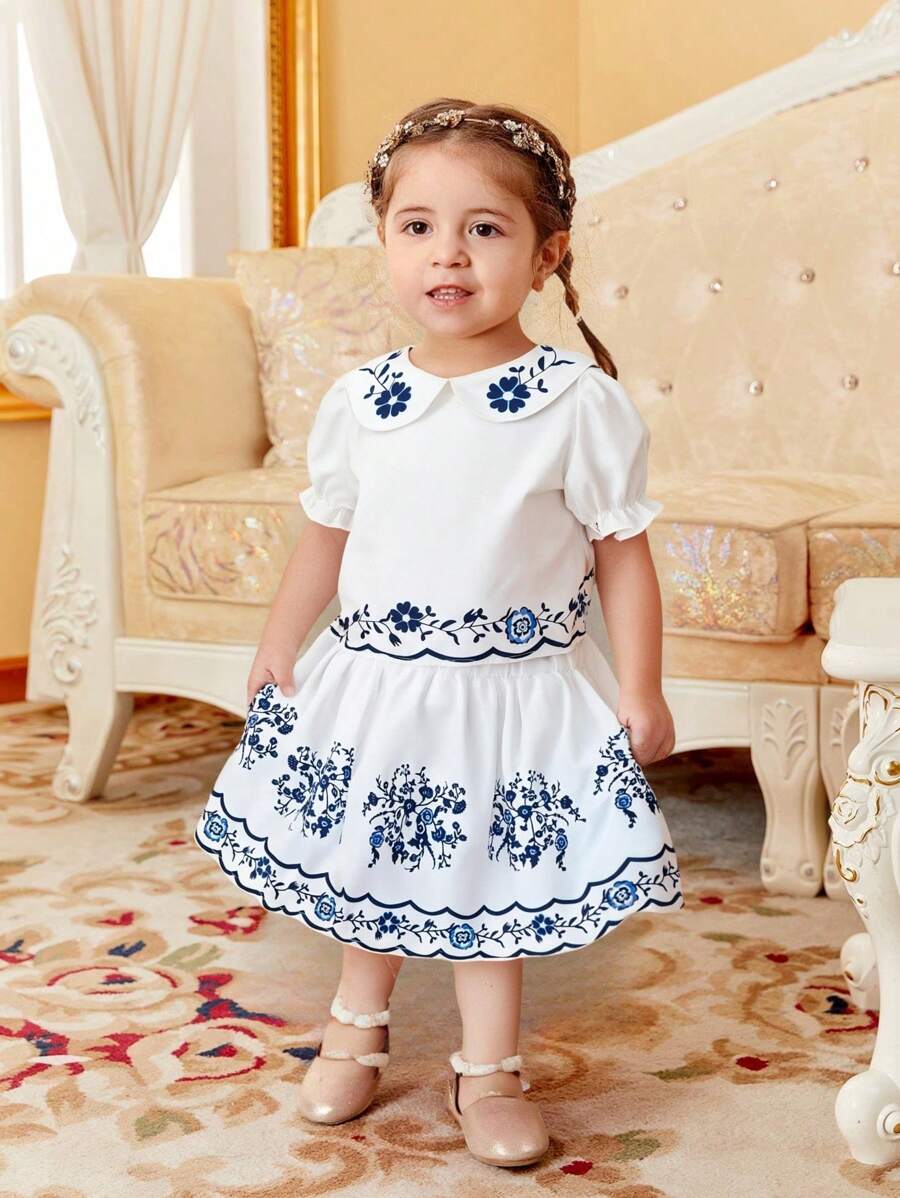 SHEIN Baby Girl Chiffon Puff Sleeve Floral Print Top With Ruched Waist Floral Print Skirt, Cute Outfit For Outings, Gatherings And Vacation - White - View 1