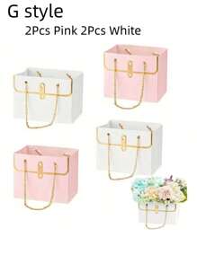 SHEIN 4 件/套优雅玫瑰花纸质礼盒，婚礼纸质花束收纳桶花店花卉手提包配金属链，花盒礼品包装袋完美的礼品包装，适用于婚礼生日节日派对情人节、圣诞节 - 彩色 - 查看 15