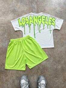 SHEIN Ensemble t-shirt à manches courtes et shorts pour garçons pré-adolescents, streetwear - Blanc - Voir 2