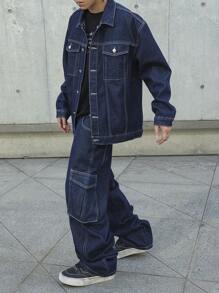 Manfinity EMRG Men's Front Button Closure Long Sleeve Pocket Simplistic Top And Jeans Pants 2 Pieces Suit - Dark Wash - View 5