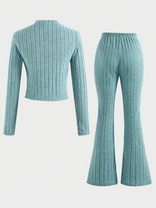 2pcs/Set Teen Girls' Casual Ribbed Knit Elastic Zip-Up Cropped Jacket And Skinny Flare Pants Outfit, Autumn - Blue - View 2