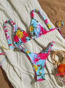 SHEIN Swim Women's Sexy V-Neck Spaghetti Strap Floral Print Bikini Set For Summer - Multicolor - View 1
