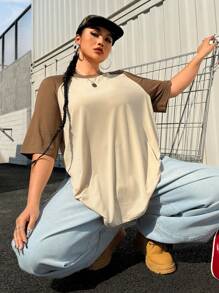 SHEIN EZwear Plus Size Basic Casual Raglan Sleeve Short Sleeve Loose T-Shirt, Summer