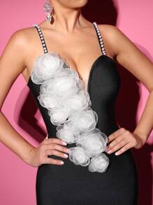 Glamrae 极简优雅黑白手工 3D 花朵绷带性感长礼服，适合女性参加晚会、正式宴会 - 黑與白 - 查看 2