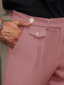 Manfinity Mode Men Plain Pocket Button Casual Straight Leg Pants - Pink - View 3