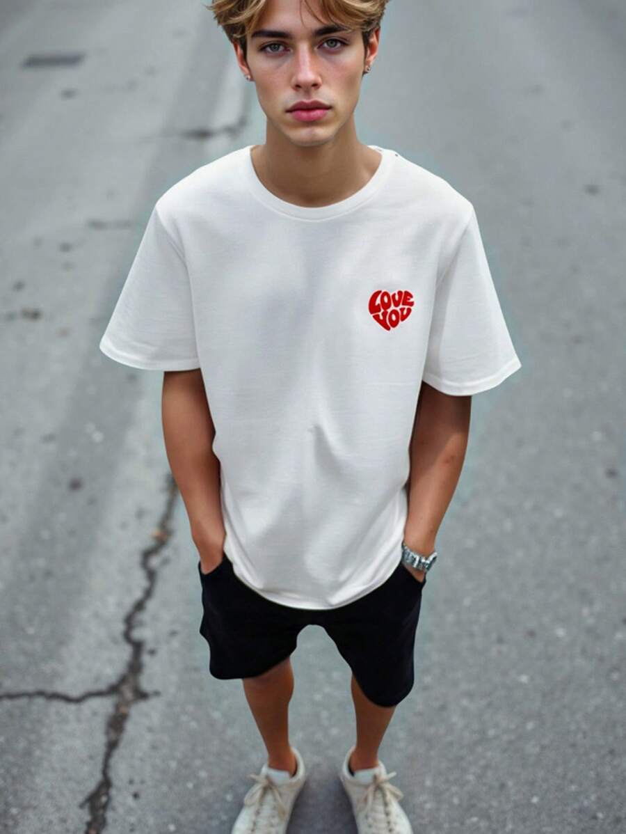 SHEIN Teen Boys' Casual Loose Fit Comfortable Versatile Graffiti, Letter & Heart Graphic Short Sleeve T-Shirt - White - View 1