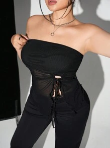 SHEIN ICON Top tipo tubo de malla con dobladillo asimétrico, cordón lateral y ribete de lechuga para talla grande en verano - Negro - Ver 3