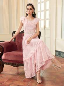 ZEYLAH WOMEN'S Ruffle Trim Lace Tiered Maxi Dress For Valentine's Day,SPRING/SUMMER