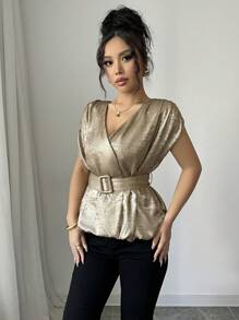 Elenzga Blusa elegante y casual de unicolor con estampado de lámina metálica, cruzada al frente, hombros fruncidos, botones falsos de cuerno y cintura atada, diseño corto, ideal para vacaciones o uso diario, San Valentín