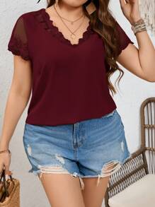 SHEIN Frenchy Plus Size Women's Lace Splicing Short Sleeve Summer Shirt - Burgundy - View 3