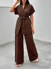 Women 2pcs Set Front Tie Short Sleeve Top And Pants, Casual Outfit - Brown - View 6