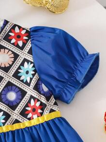 SHEIN Baby Girl Multi-Color Print Contrast Hem & Sleeve Elastic Waist Casual Dress, Summer - Multicolor - View 6