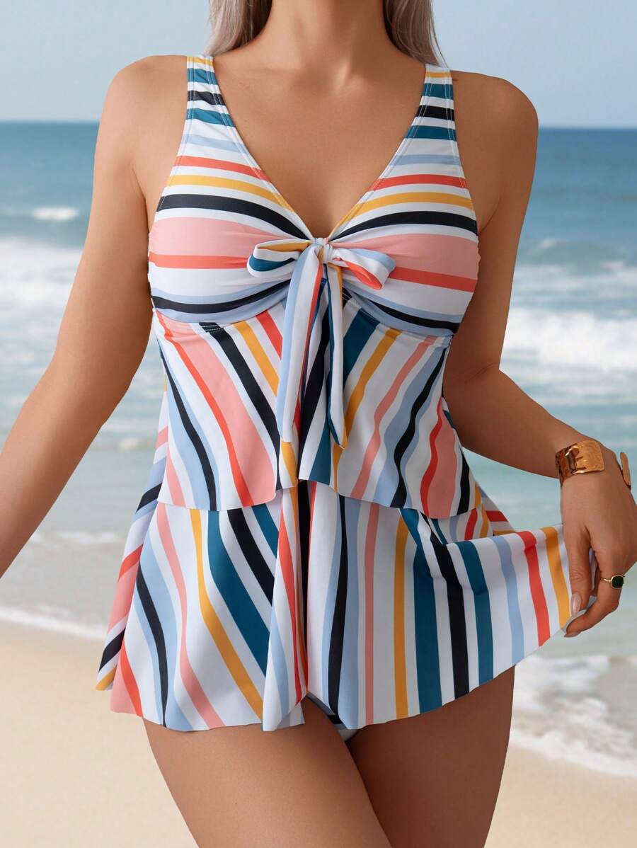 Swim Lushoire 夏季女士印花随机艺术条纹蝴蝶结前褶设计吊带背心比基尼上衣 - 彩色 - 查看 1