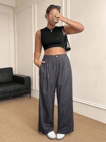 SHEIN Unity Plus Size Women Elegant Loose Embossed Wide Leg Pants Winter Fall Autumn - Dark Grey - View 3