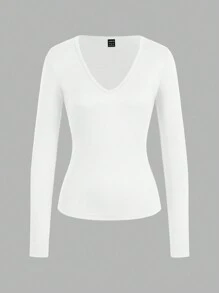 SHEIN EZwear Set de 4 Camisetas básicas de manga larga con cuello en V profundo y ajuste ceñido, apropiadas para primavera y verano - Multicolor - Ver 3