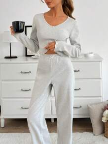 RueChic Women 2 Pcs Contrast Colour Ribbon Detail Homewear Lounge Set - Grey - View 5