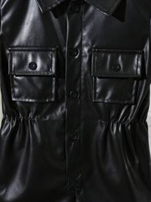 SHEIN Barboteuse en PU noir unicolore pour filles et enfants, nouvelle mode d'été avec cordon de serrage à la taille, manches courtes, col polo, style et vintage - Noir - Voir 7