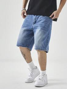 Manfinity Hypemode Men's Summer Casual Washed Loose Slant Pocket Denim Shorts Jorts Tropical Street Hang Out - Medium Wash - View 8