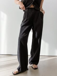 Dazy-Less Women's Casual Solid Color Loose Minimalist Vest Jacket & Straight Leg Pants Suit, Business Casual Old Money - Black - View 6