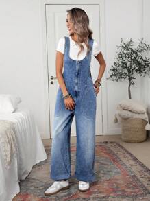 EMERY ROSE Loose Casual Non-Stretch Zippered Pocket Washed Denim Overalls Culottes - Blue - View 3