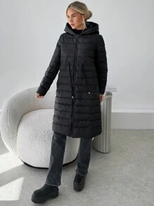 SHEIN Privé Áo khoác nữ ấm áp, tối giản, thời trang, có dây rút ở eo, túi, có mũ trùm đầu, khóa kéo, màu đen, đệm, thu/đông - màu đen - Xem 5