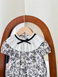 SHEIN LMoss Kids Bodysuit Bayi Perempuan Baru Lahir LMoss Motif Bunga Lucu dengan Hiasan Rumbai, Musim Panas - Putih - View 3
