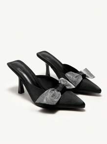 CUCCOO CHICEST Women's Pointed Toe High Heel Rhinestone Bow Elegant Slip-On Mules, Suitable For Work, Dating, Party, Wedding Spring Shoes Spring Break Easter Prom Heels - Black - View 8