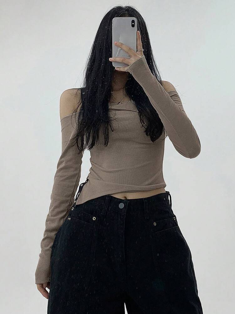 Women Asymmetrical Hem Patchwork Camisole Off Shoulder Long Sleeve Cropped T-Shirt, Apricot Color, Spring/Summer