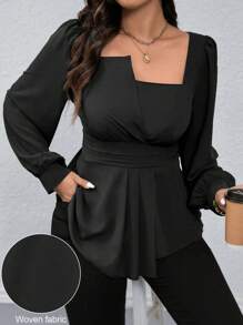 Rometta Blus Kasual Ukuran Besar dengan Bahu Asimetris, Lengan Raglan, Ikat Pinggang, dan Hem Bentuk Lentera untuk Wanita, Pakaian Musim Gugur - Hitam - View 8
