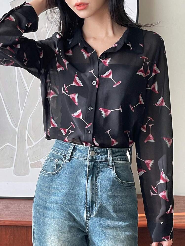 Elegant Sheer Collar Loose Casual Women Blouse,Fall Women Clothes Long Sleeve Top