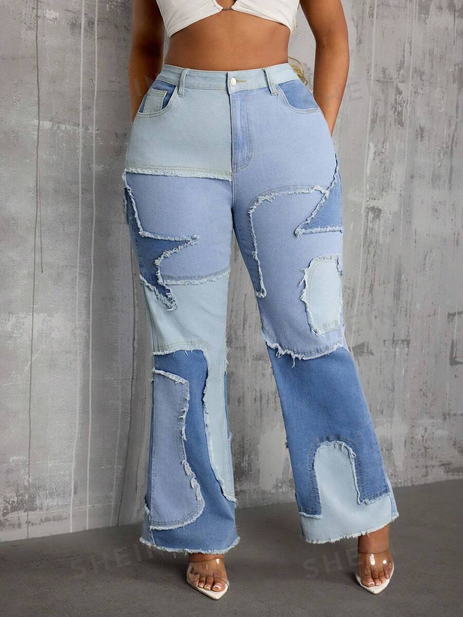 Slaydiva Große Größen einfarbige Patchwork-Jeans mit Knopfleiste und Taschen, minimalistischer Lässig-Stil - Blau - Übersicht 1