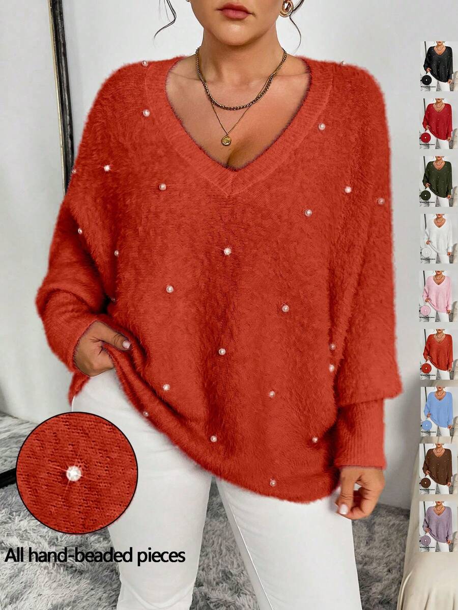 SHEIN Unity Plus Size Women Batwing Sleeve Beaded Loose Casual Pullover Knit Sweater, Autumn/Winter Knit Pullover Fall