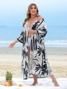 SHEIN Swim Curve Summer Plus Size Women Beach Floral Print Kimono Cover Up